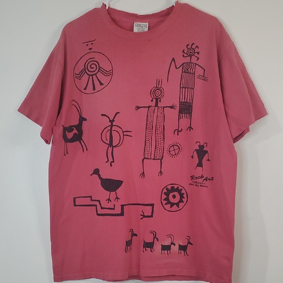 Vintage Single Stitch Oneita Rock Art T-Shirt Size Large Mens New Mexico